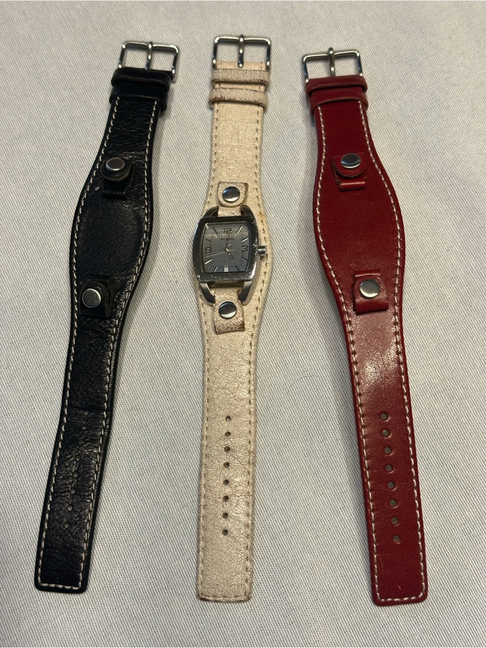 Fossil Trio Leather Band Watches in Black, Cream, and Red